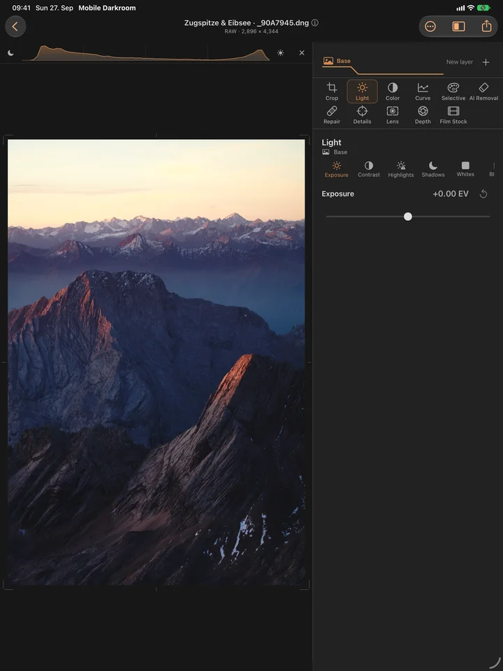 Light, with a live histogram · iPad