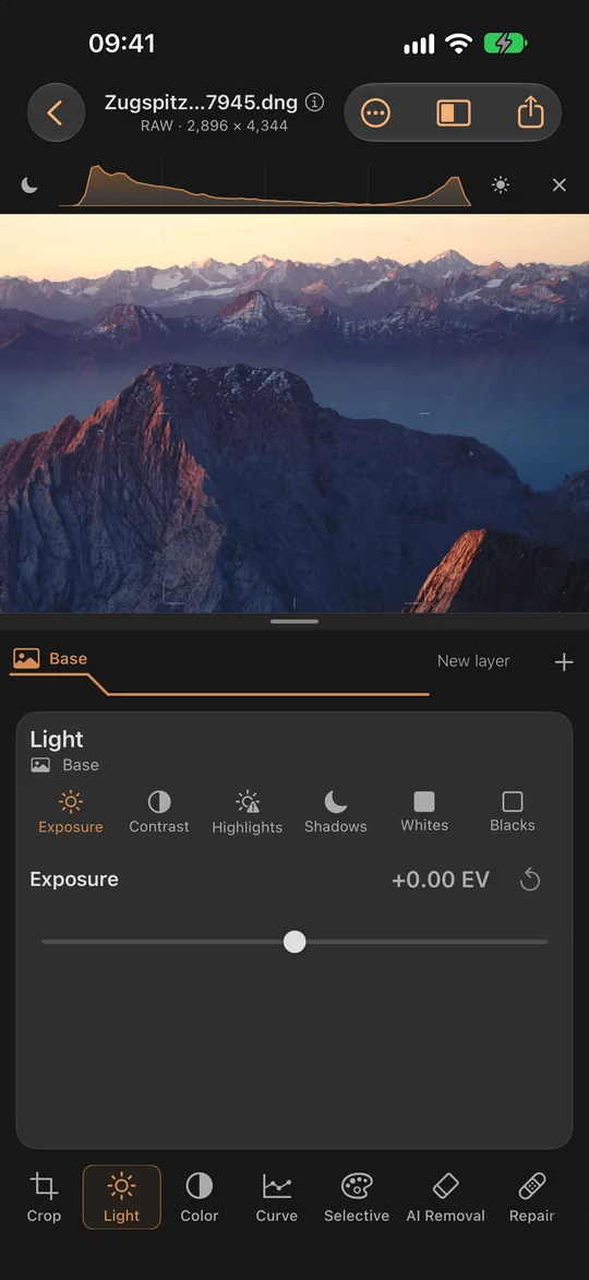 Light, with a live histogram · iPhone